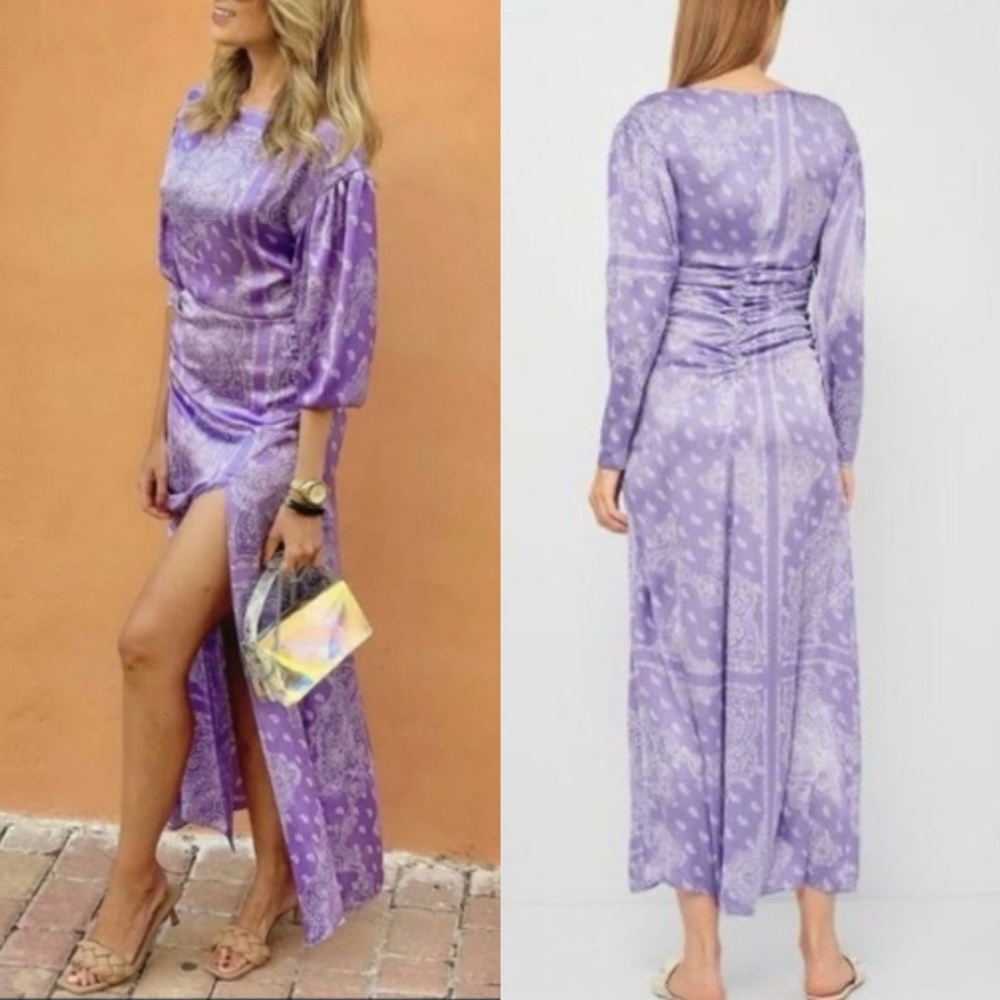 Zara Paisley Bandana Print Lillac Lavender Satin Ruched Maxi Dress Size S